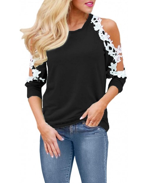 StyleDome Women's Casual Long Sleeve Lace Shirt Cold Shoulder Tops Basic Tee Crochet Blouses at  Women’s Clothing store