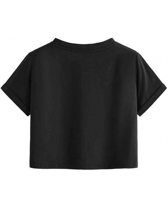 SweatyRocks Women's Solid Roll Up Short Sleeve Casual Crop Tops T-Shirt Black S at Women’s Clothing store