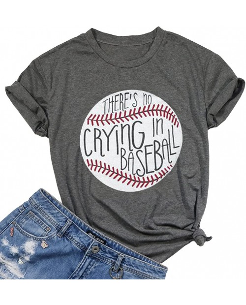 Theres No Crying in Baseball Letter T-Shirt Women Short Sleeve Funny Blouse Tee Top at  Women’s Clothing store