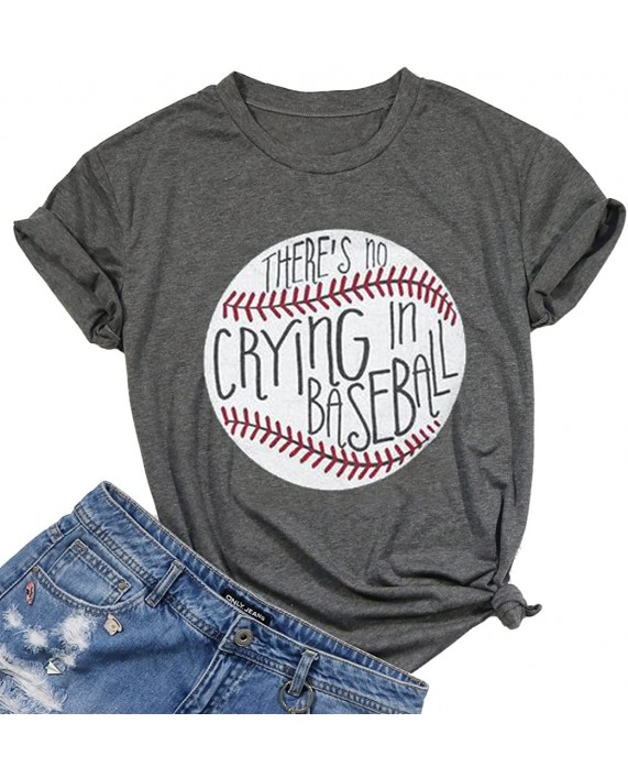 Theres No Crying in Baseball Letter T-Shirt Women Short Sleeve Funny Blouse Tee Top at Women’s Clothing store