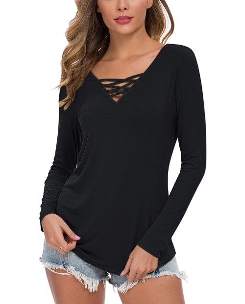 WNEEDU Women's Casual Long Sleeve T-Shirt Criss Cross V-Neck Basic Tees Tops at  Women’s Clothing store