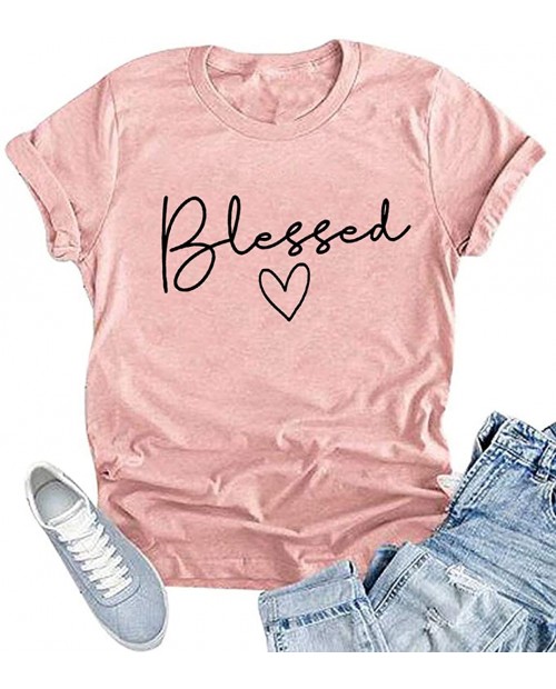 Women Blessed Mama T-Shirt Blessed Mom Shirts Blessed Love Heart Mother Top Tee at Women’s Clothing store