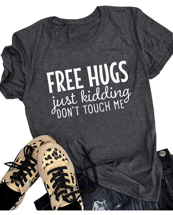 Women Free Hugs Just Kidding Don't Touch Me Shirt Funny Sarcastic T-Shirt Casual Letter Print Tee Tops at Women’s Clothing store
