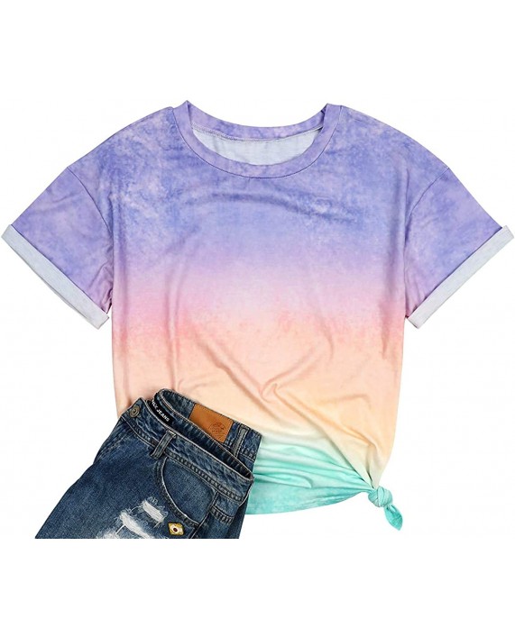 Women Gradient Color Shirt Tie Dye Print Short Sleeve T-Shirt Round Neck Summer Casual Loose Tee Tops at Women’s Clothing store