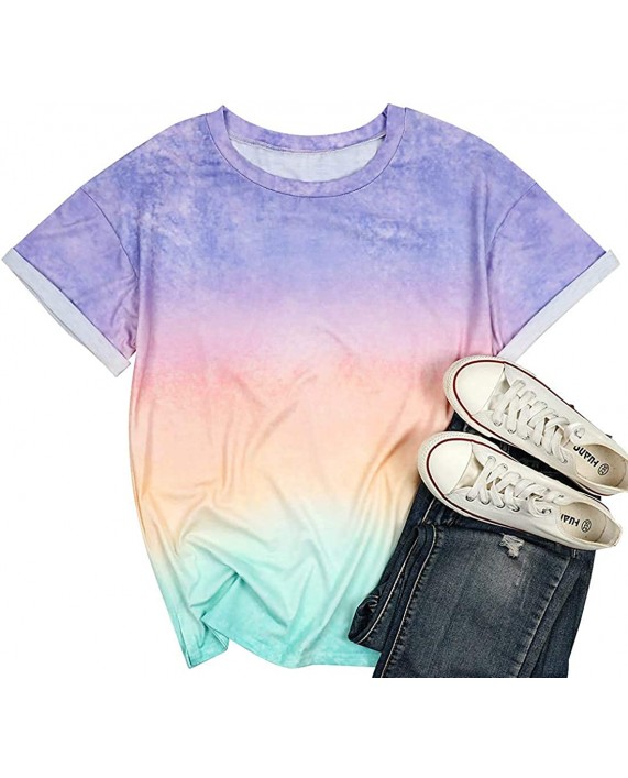 Women Gradient Color Shirt Tie Dye Print Short Sleeve T-Shirt Round Neck Summer Casual Loose Tee Tops at Women’s Clothing store