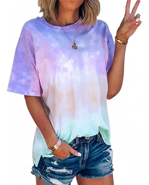 Women Gradient Color Shirt Tie Dye Print Short Sleeve T-Shirt Round Neck Summer Casual Loose Tee Tops at  Women’s Clothing store