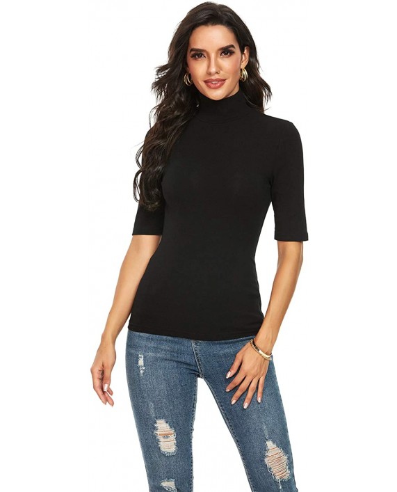 Women Short Sleeve Knit Cotton T Shirt Slim Fit Turtleneck Top at Women’s Clothing store