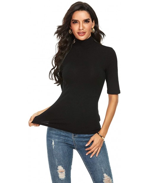 Women Short Sleeve Knit Cotton T Shirt Slim Fit Turtleneck Top at  Women’s Clothing store