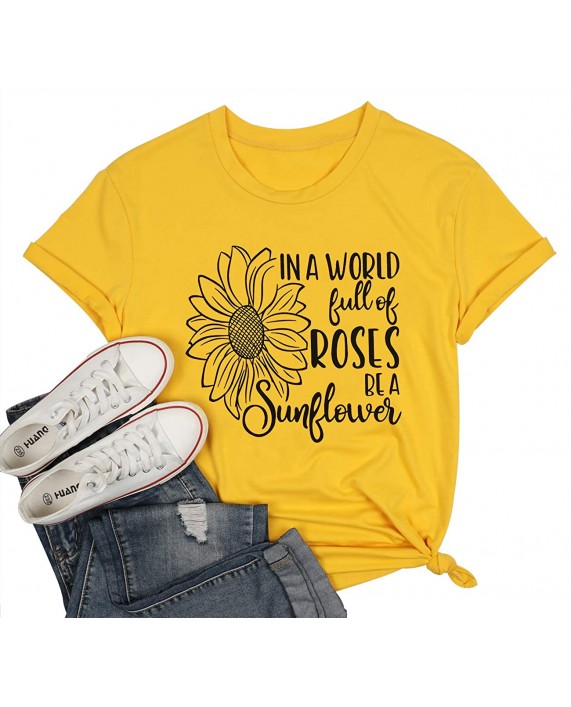 Women Sunflower T Shirt in A World Full of Roses Be A Sunflower Shirt Summer Short Sleeve Graphic Tees Top at Women’s Clothing store