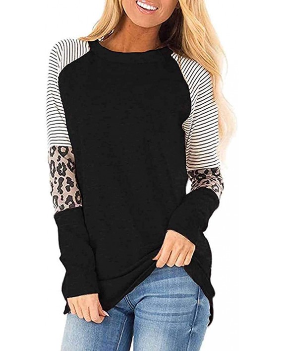 Womens Long Sleeve Tops Leopard Print T Shirts Tee Color Block Fall Clothes at Women’s Clothing store