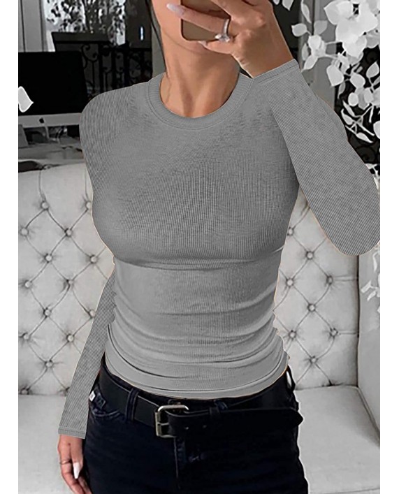 Womens Ribbed Long Sleeve Crewneck Shirts Fitted Sweaters Slim Fit Basic Casual Tops at Women’s Clothing store