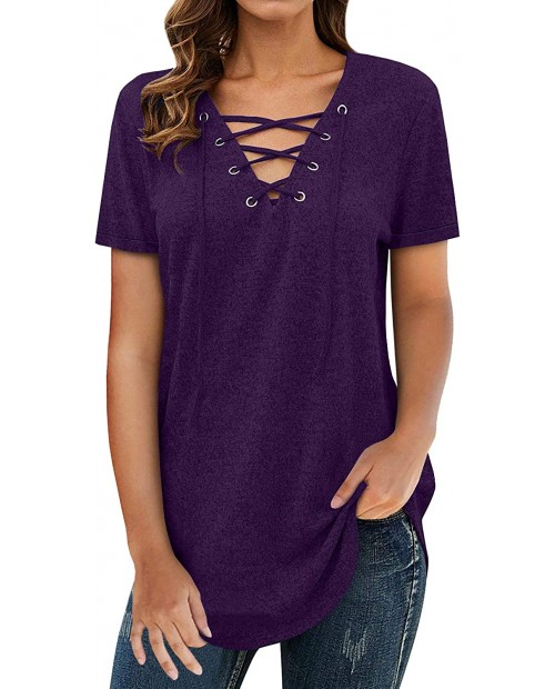 Womens V Neck T Shirts Lace Up Criss Cross Short Sleeve Solid Color Tunic Tops Loose Fit Basic Tees Blouses at  Women’s Clothing store