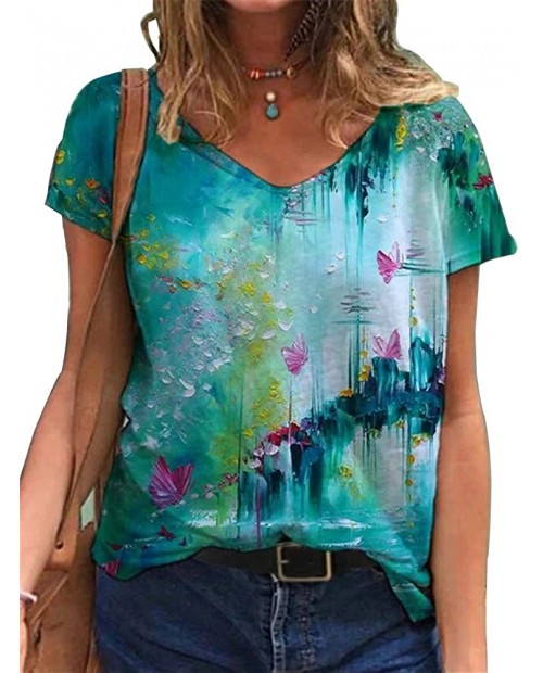 Woxlica Flower Printed T Shirts for Women Short Sleeve Summer Tops at  Women’s Clothing store