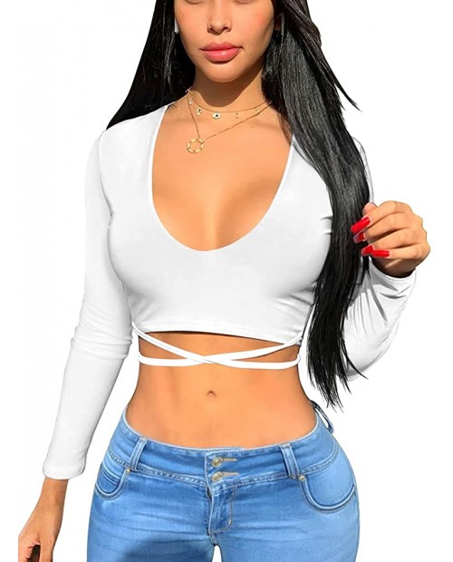 XXTAXN Women's Sexy Deep V Neck Long Sleeve Casual Party Club Knit Crop Tops at  Women’s Clothing store