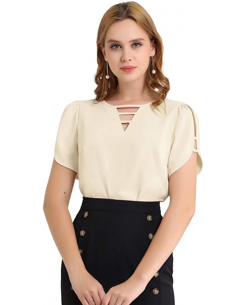 Allegra K Women's Choker V Cut-Out Split-Neck Casual Slashed Cuffs Top at Women’s Clothing store