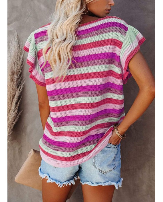 AlvaQ Women's Ruffle Sleeve V Neck Knit Tops Casual Color Block Stripe T Shirts Loose Blouses at Women’s Clothing store