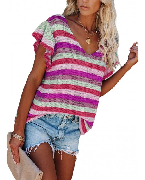 AlvaQ Women's Ruffle Sleeve V Neck Knit Tops Casual Color Block Stripe T Shirts Loose Blouses at Women’s Clothing store