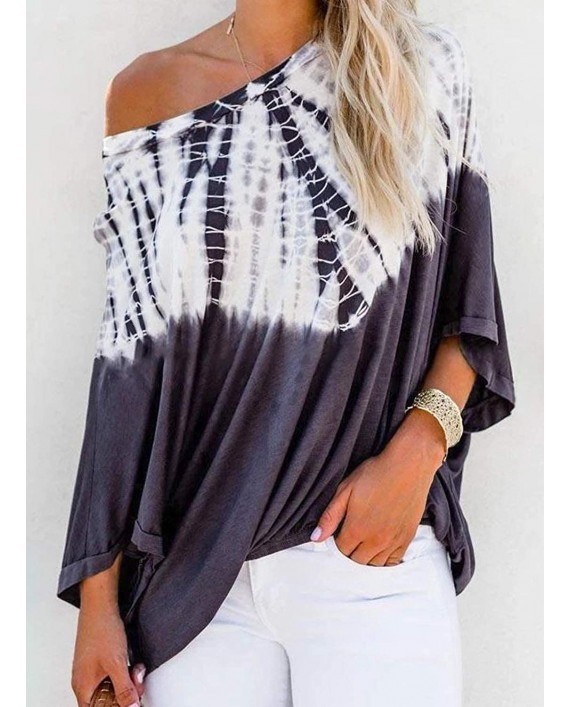 Astylish Women's Tie Dye Print Off Shoulder Tops Blouses Loose Tunic Shirts at Women’s Clothing store
