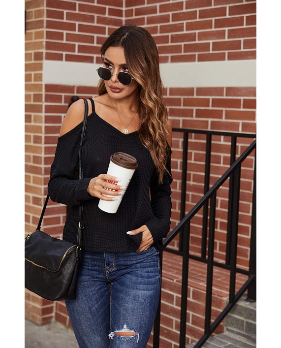 Beyove Women Cold Shoulder Tops Long Sleeve Waffle-Knit Shirt Pullover V Neck Sweater Shirts Lightweight S-XXL at Women’s Clothing store