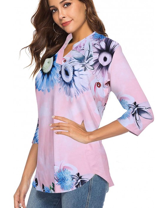 CEASIKERY Women's 3 4 Sleeve Floral V Neck Tops Casual Tunic Blouse Loose Shirt 008 at Women’s Clothing store