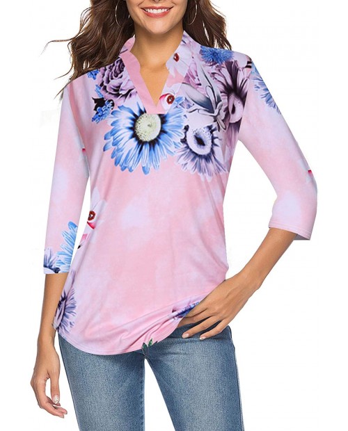 CEASIKERY Women's 3 4 Sleeve Floral V Neck Tops Casual Tunic Blouse Loose Shirt 008 at  Women’s Clothing store