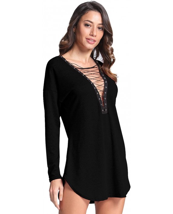 Celmia Women Lace Up Tops Sexy Long Sleeve Deep V Mini Shirt Dress Club Party Tunic at Women’s Clothing store
