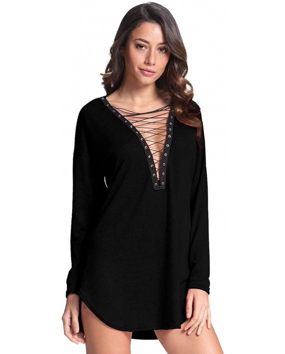Celmia Women Lace Up Tops Sexy Long Sleeve Deep V Mini Shirt Dress Club Party Tunic at Women’s Clothing store