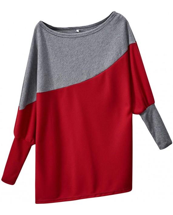 Chrisuno Women's Off The Shoulder Sweater Color Block Tunic Round Neck Long Sleeve Shirts Causal Sexy Tops at Women’s Clothing store