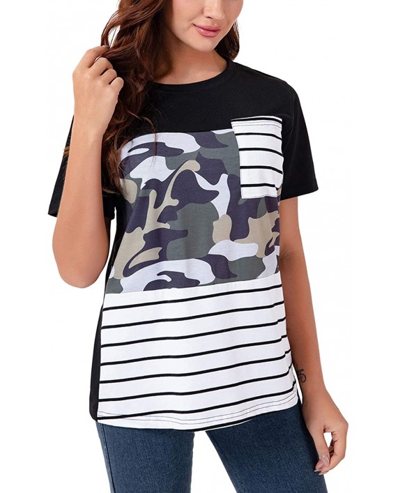 DREAM SLIM-Womens T Shirts Short Sleeve Striped Color Block Loose Blouse Casual Tunic Tops Printed Graphic Tees Camouflage Small at Women’s Clothing store