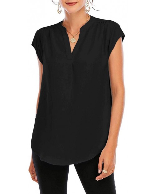 Famulily Womens Split V Neck Cap Sleeve Tops Frill Trim Elegant Work Office Blouse Shirts at Women’s Clothing store