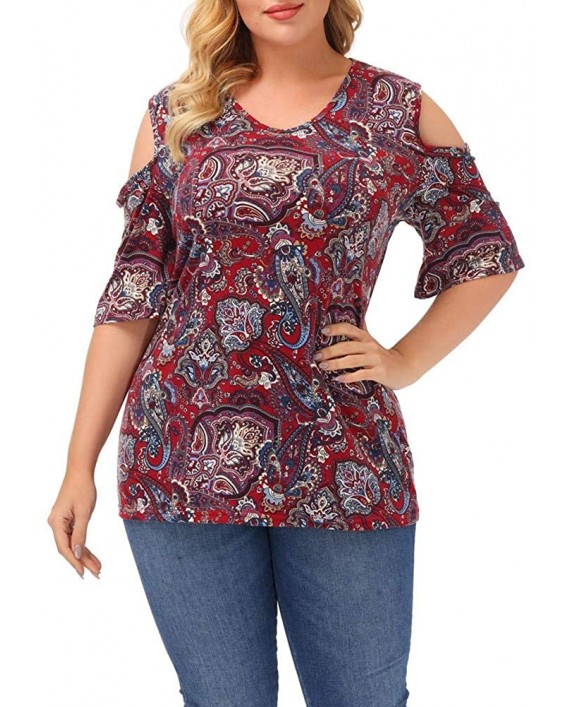 GEOSSHOP Women's Plus Size Paisley Print Tunic Top Cold Shoulder Sexy V Neck Blouse T Shirts at Women’s Clothing store