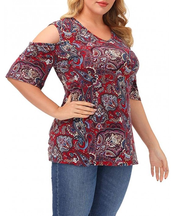 GEOSSHOP Women's Plus Size Paisley Print Tunic Top Cold Shoulder Sexy V Neck Blouse T Shirts at Women’s Clothing store