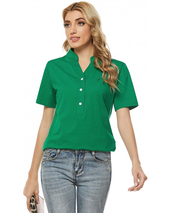 HOCOSIT Women's Casual V Neck Short Sleeve Tops Elegant Tunic Henley Blouse Summer Basic Shirt at Women’s Clothing store