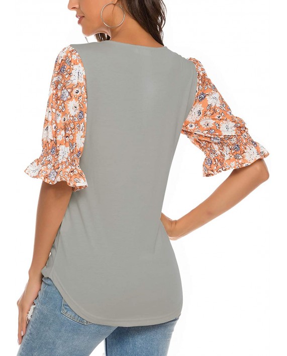 HOCOSIT Women's Lantern Sleeve Henley Shirt Summer Floarl Blouse Round Neck Button Tunic Tops at Women’s Clothing store