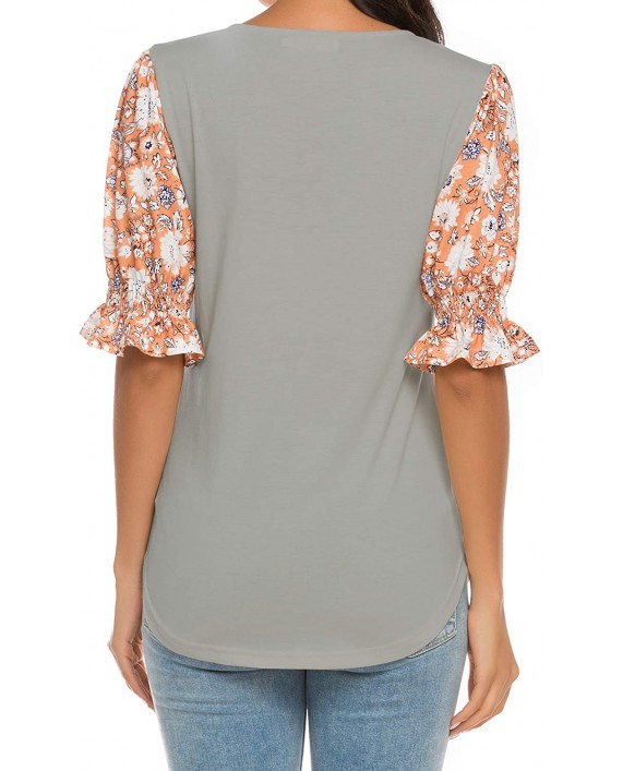 HOCOSIT Women's Lantern Sleeve Henley Shirt Summer Floarl Blouse Round Neck Button Tunic Tops at Women’s Clothing store