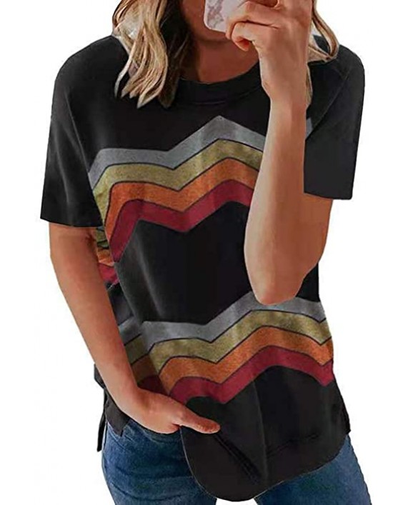 Huange Women Summer Geometric Stripe Short Sleeve Loose T-Shirts Color Block Side Split Crew Neck Casual Tunic Blouse and Tops