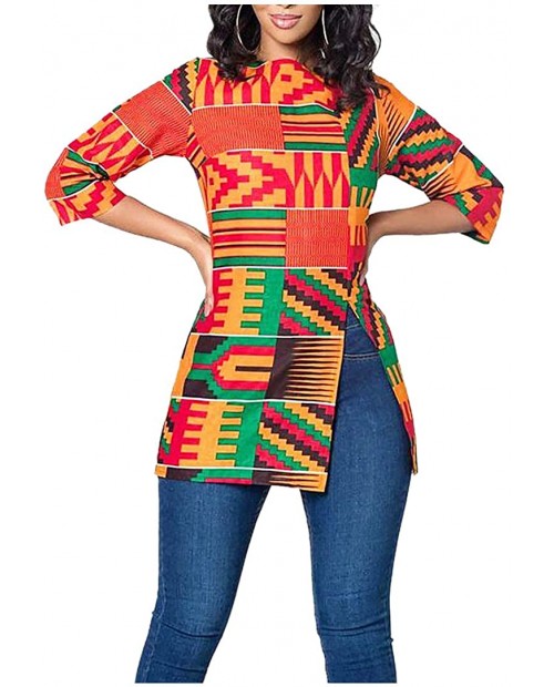 jascaela Women's Boho African Print 3 4 Sleeve Tops Loose Tunic Round Neck Dashiki Ankara Shirt Blouse at  Women’s Clothing store