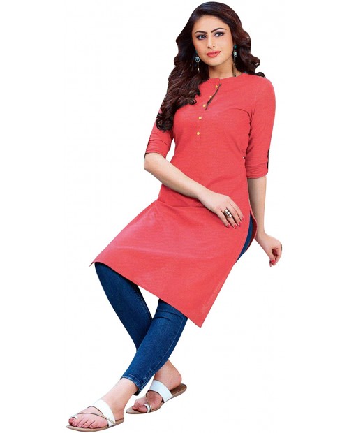 ladyline 100% Womens Cotton Kurti Tunic Plain Casual Top 3 4 Roll Up Sleeves Button Down Kurta Indian at Women’s Clothing store