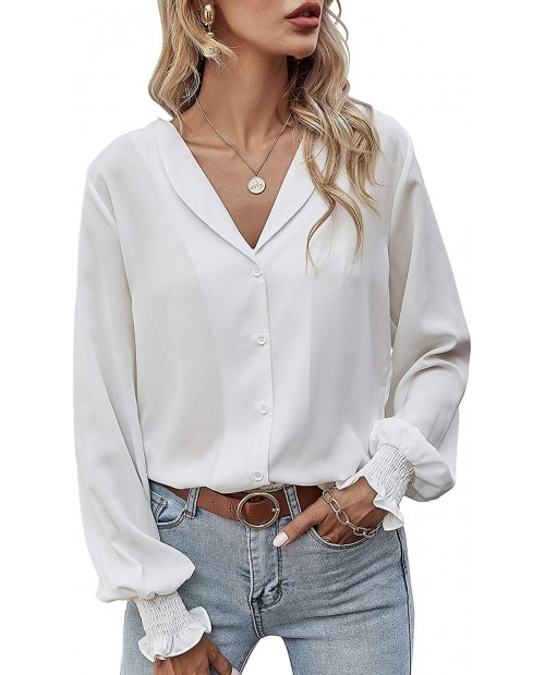 LOMON Womens Casual Tops V Neck Long Sleeve Button Down Shirt Chiffon Blouse at  Women’s Clothing store