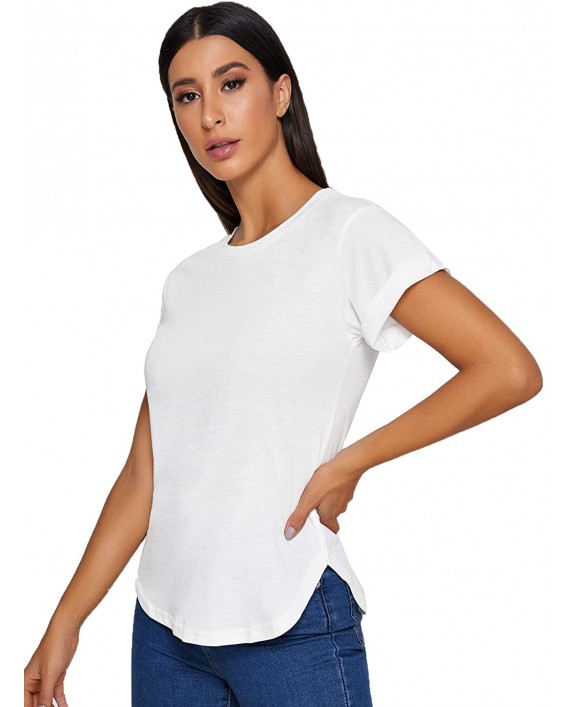 Milumia Women's Basic T Shirt Round Neck Short Sleeve Rolled Cuff Curved Hem Casual Tunic Tops at Women’s Clothing store