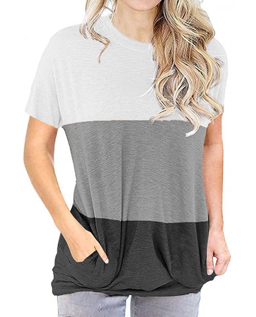 MIMIGOGO Women's Casual Short Sleeve Color Block Tunic Tops Round Neck Loose T Shirts with Pockets at Women’s Clothing store