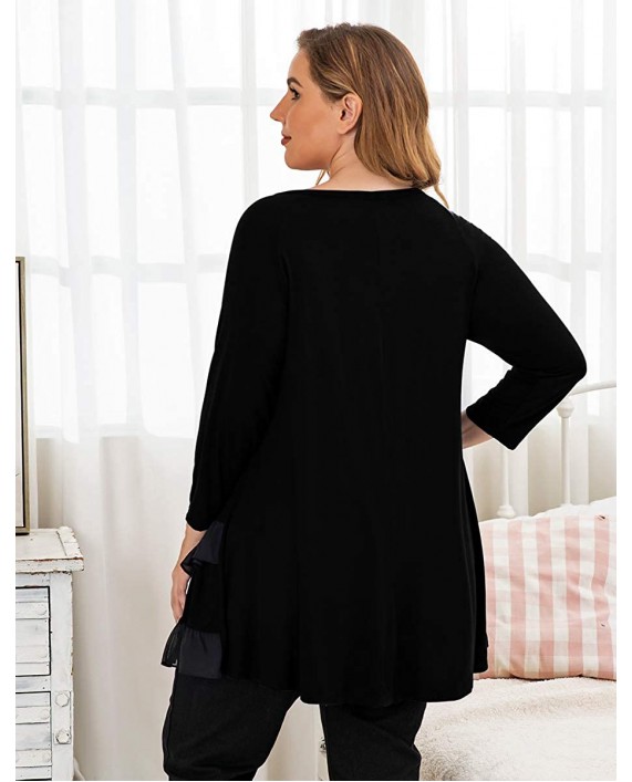 MONNURO 3 4 Sleeve Tunic Shirts Casual Loose Splicing Chiffon Plus Size Tops for Women with Leggings at Women’s Clothing store