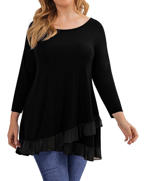 MONNURO 3 4 Sleeve Tunic Shirts Casual Loose Splicing Chiffon Plus Size Tops for Women with Leggings at Women’s Clothing store
