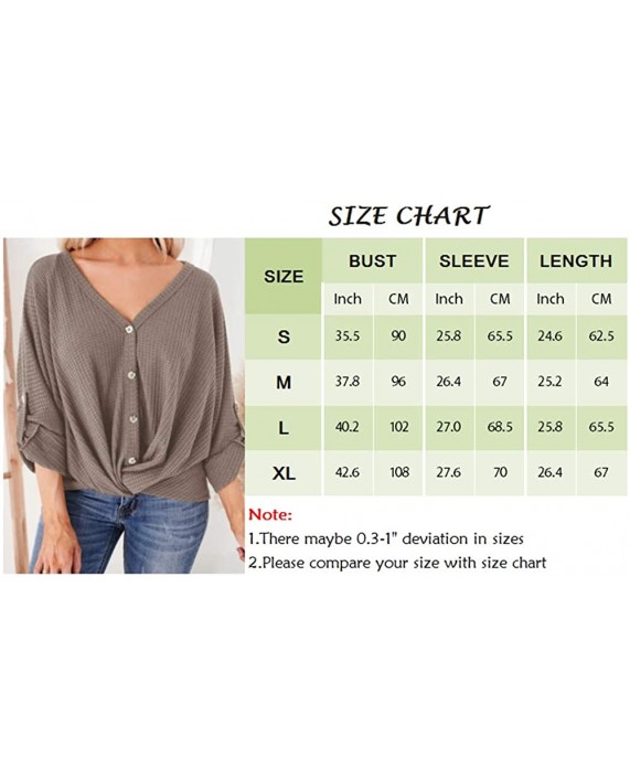 Nulibenna Women's Oversized 3 4 Sleeve Button Down Blouse V Neck T Shirts Waffle Knit Tie Knot Henley Top