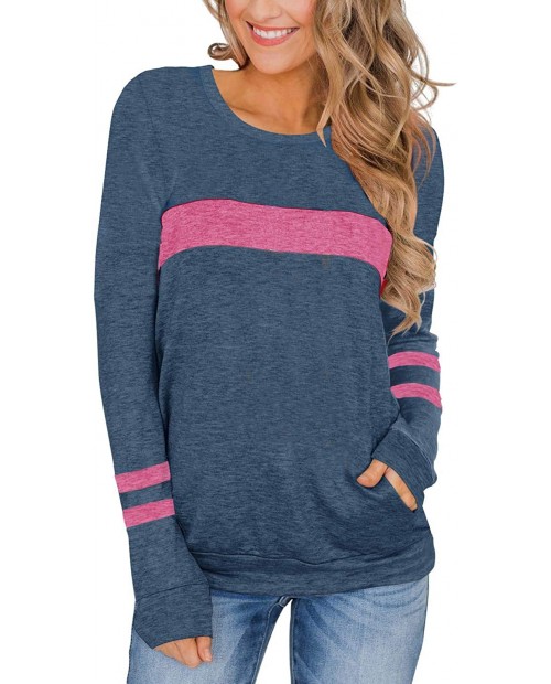 PINKMSTYLE Women's Crew Neck Long Sleeve Tunic Tops Color Block Sweatshirt with Pockets Loose Casual Blouse Shirts at  Women’s Clothing store