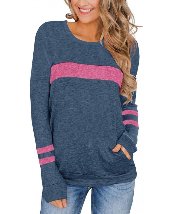 PINKMSTYLE Women's Crew Neck Long Sleeve Tunic Tops Color Block Sweatshirt with Pockets Loose Casual Blouse Shirts at Women’s Clothing store