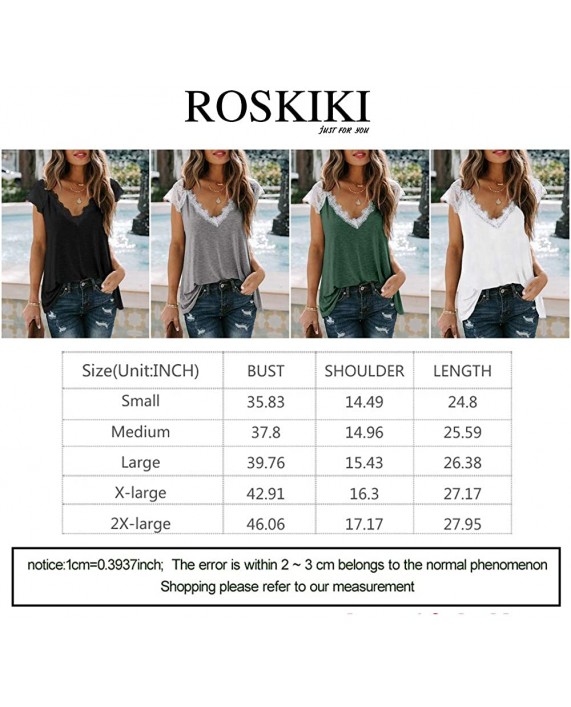 ROSKIKI Women's Summer Loose Splice Lace Crochet Trim V-Neck Cap Sleeves Tank Shirts Blouse Tops