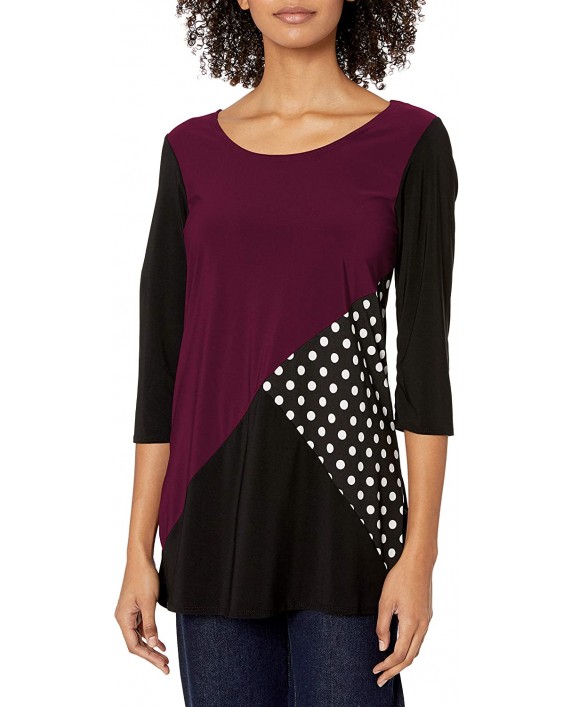 Star Vixen Women's 3 4 Sleeve Scoop Neck Tunic-Length Tri Colorblock Ity Knit Top with Polka Dot Inset at Women’s Clothing store