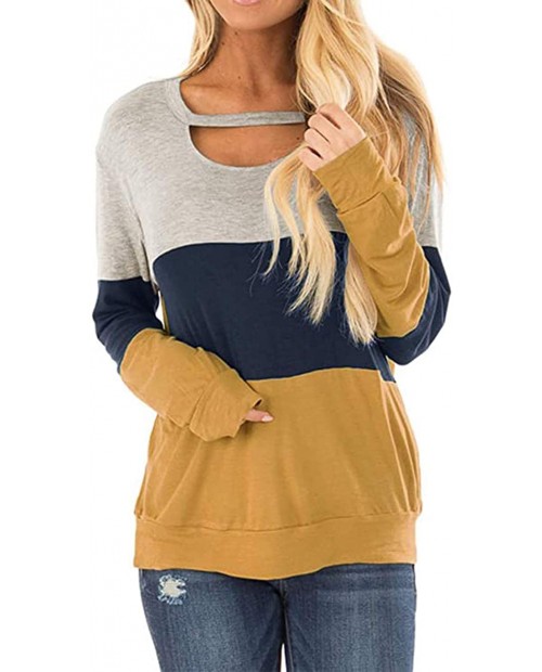 WNEEDU Women's Fall Casual Loose Tops Color Block Chest Cutout Tunics Long Sleeve Shirt Scoop Neck Blouse at  Women’s Clothing store
