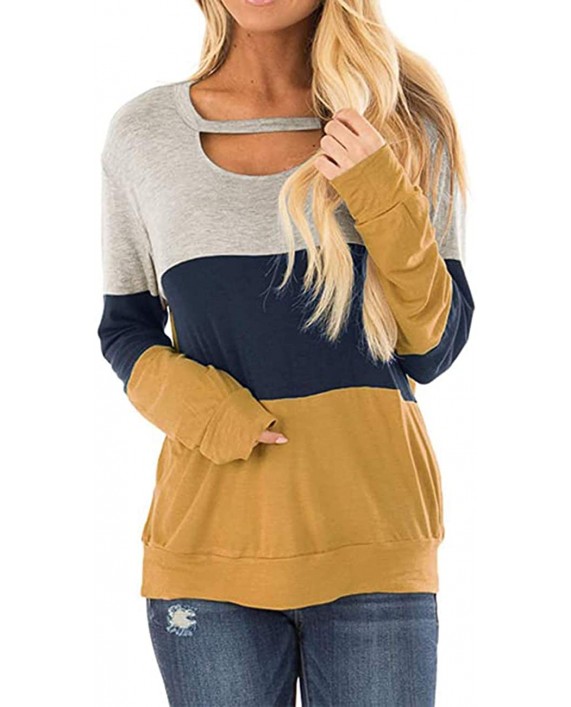 WNEEDU Women's Fall Casual Loose Tops Color Block Chest Cutout Tunics Long Sleeve Shirt Scoop Neck Blouse at Women’s Clothing store